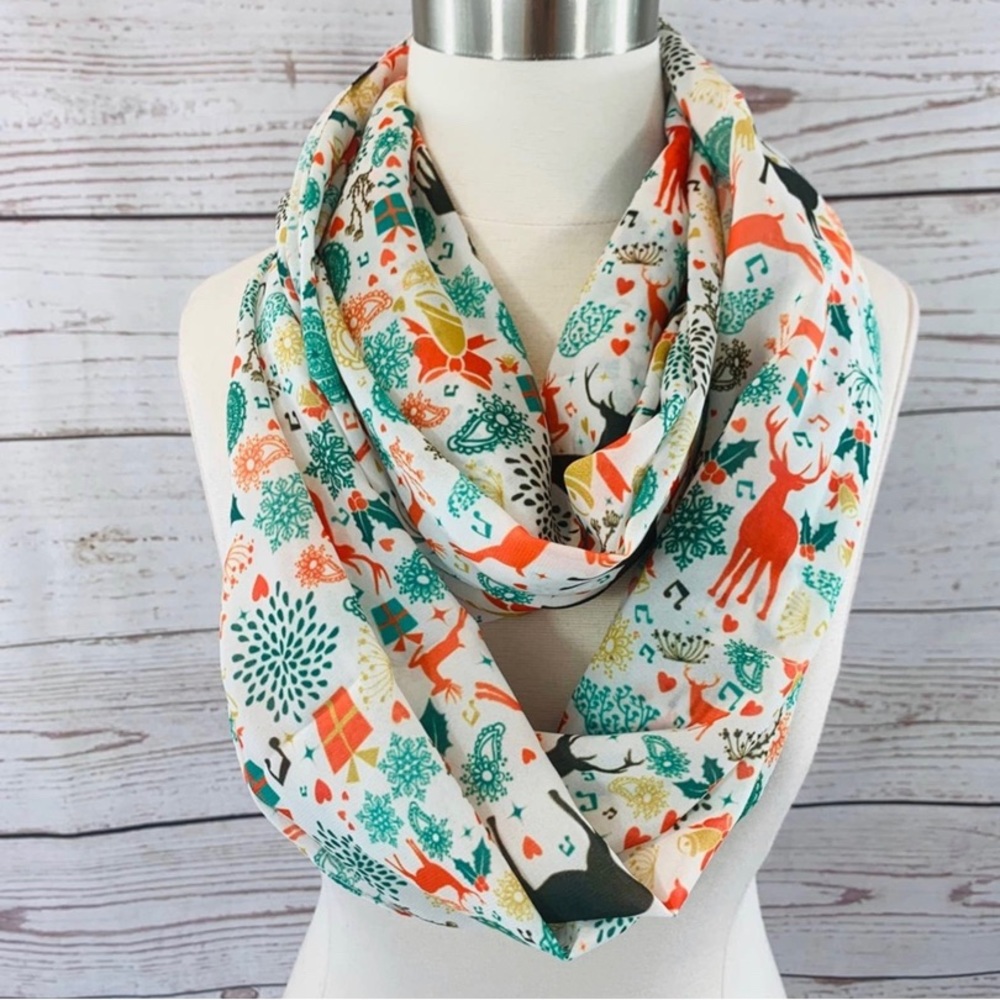 Festive White Infinity Scarf with Teal, Coral and Gold Motifs